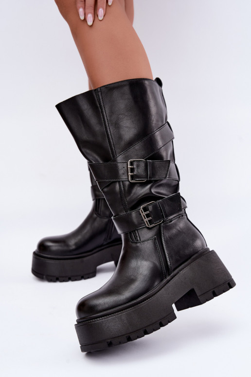 Bottes hautes avec plateforme et sangles en noir Delsenne