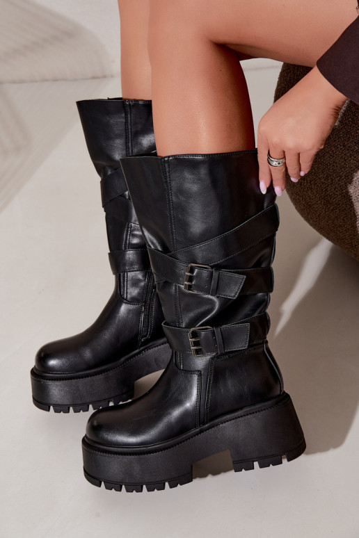 Bottes hautes avec plateforme et sangles en noir Delsenne