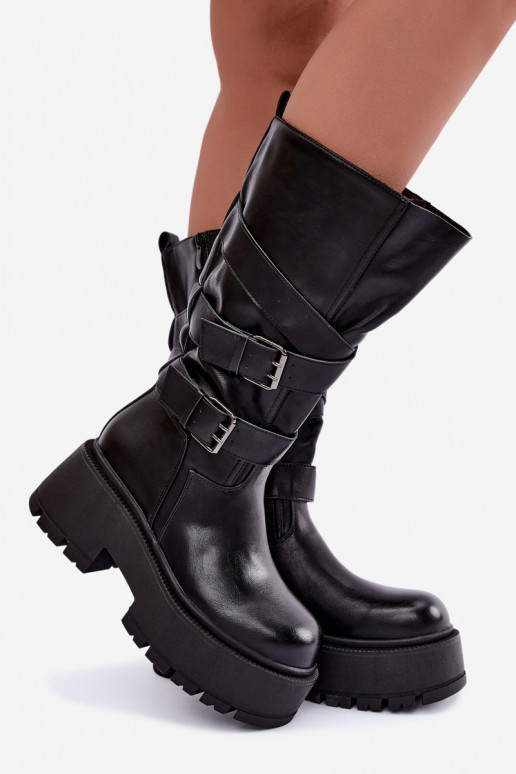 Bottes hautes avec plateforme et sangles en noir Delsenne