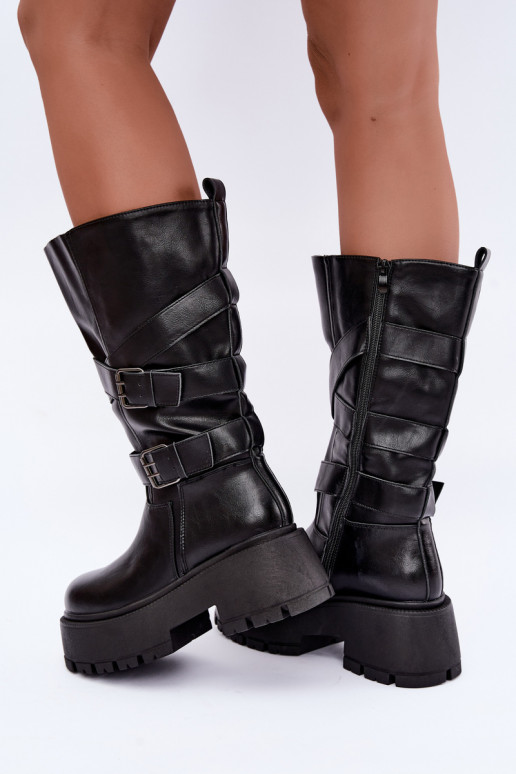 Bottes hautes avec plateforme et sangles en noir Delsenne