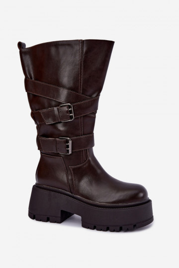Bottes hautes avec plateforme et sangles en chocolat Delsenne