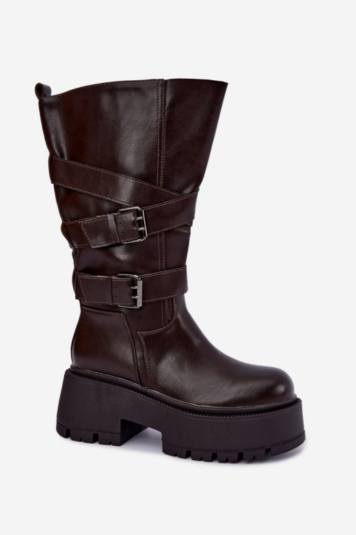 Bottes hautes avec plateforme et sangles en chocolat Delsenne