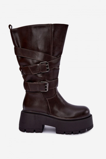 Bottes hautes avec plateforme et sangles en chocolat Delsenne 2