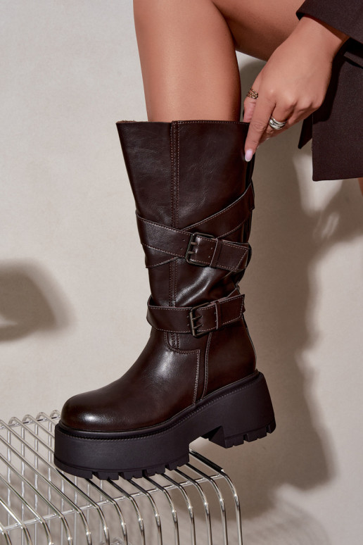 Bottes hautes avec plateforme et sangles en chocolat Delsenne