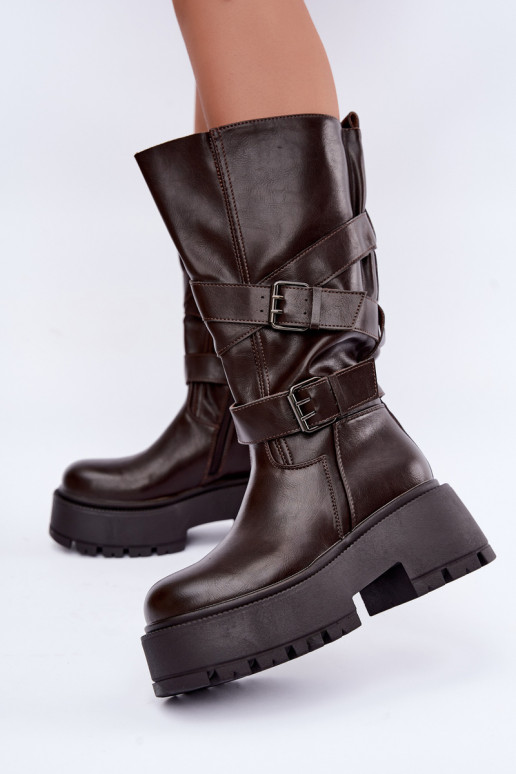 Bottes hautes avec plateforme et sangles en chocolat Delsenne