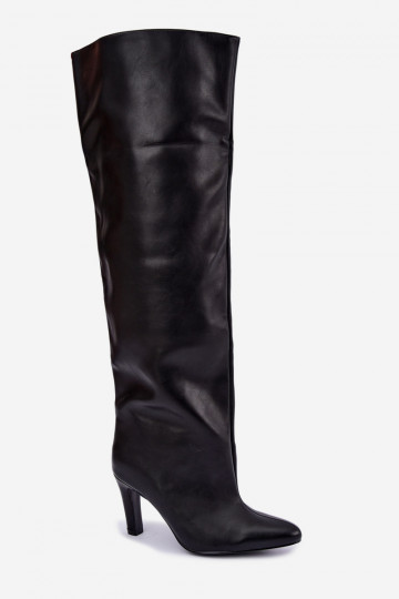Bottes hautes à enfiler pour femmes avec talons pointus au-dessus du genou en noir Emorine