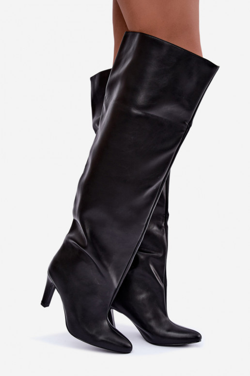 Bottes hautes à enfiler pour femmes avec talons pointus au-dessus du genou en noir Emorine