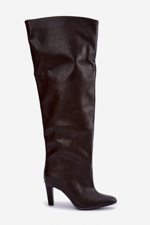 Bottes hautes à enfiler pour femmes avec talons pointus au-dessus du genou en chocolat Emorine
