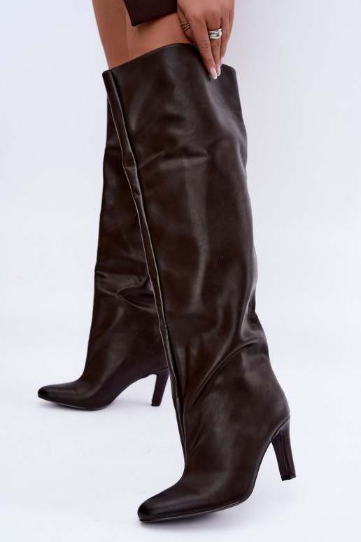 Bottes hautes à enfiler pour femmes avec talons pointus au-dessus du genou en chocolat Emorine