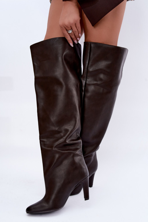 Bottes hautes à enfiler pour femmes avec talons pointus au-dessus du genou en chocolat Emorine