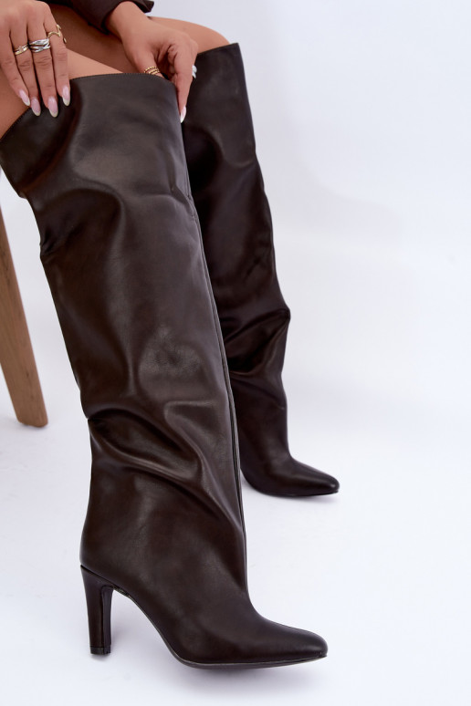 Bottes hautes à enfiler pour femmes avec talons pointus au-dessus du genou en chocolat Emorine
