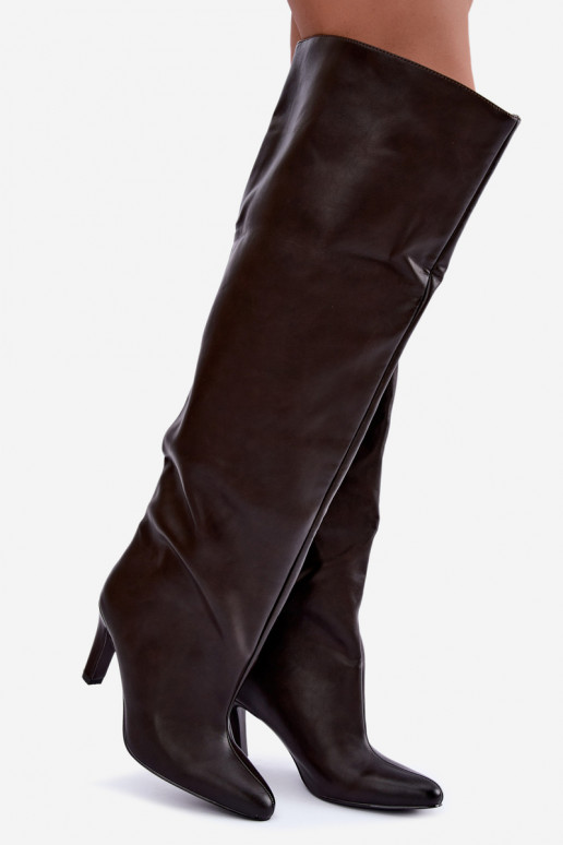 Bottes hautes à enfiler pour femmes avec talons pointus au-dessus du genou en chocolat Emorine