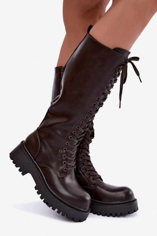 Bottes chaudes pour femmes avec plateforme et lacets en chocolat Kasmina