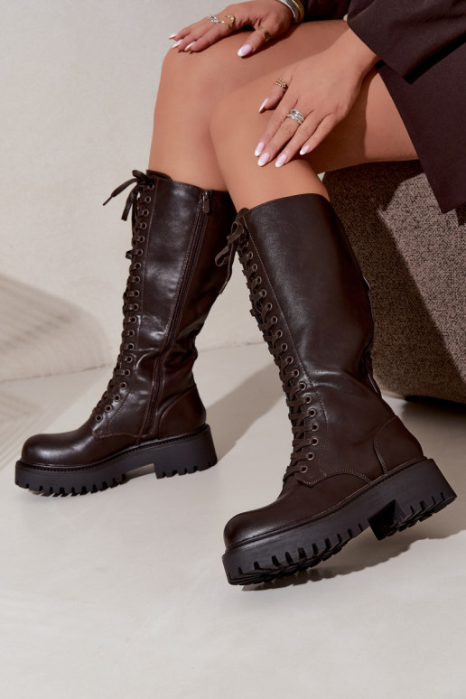 Bottes chaudes pour femmes avec plateforme et lacets en chocolat Kasmina