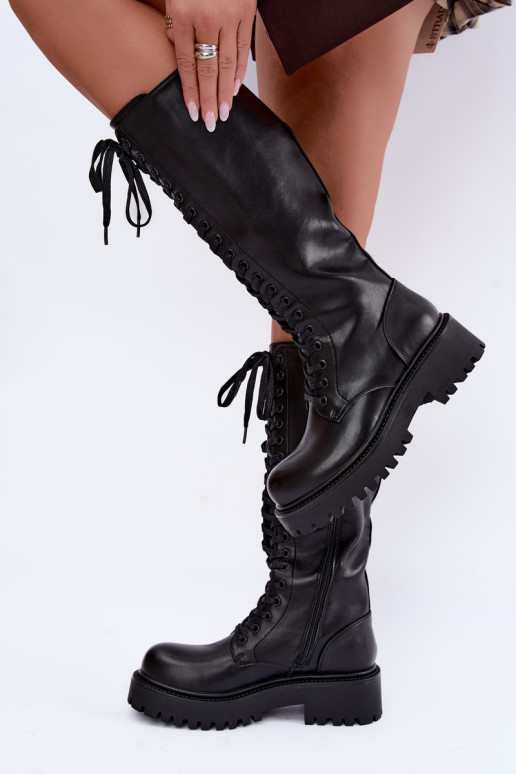 Bottes chaudes pour femmes avec plateforme et lacets en noir Kasmina