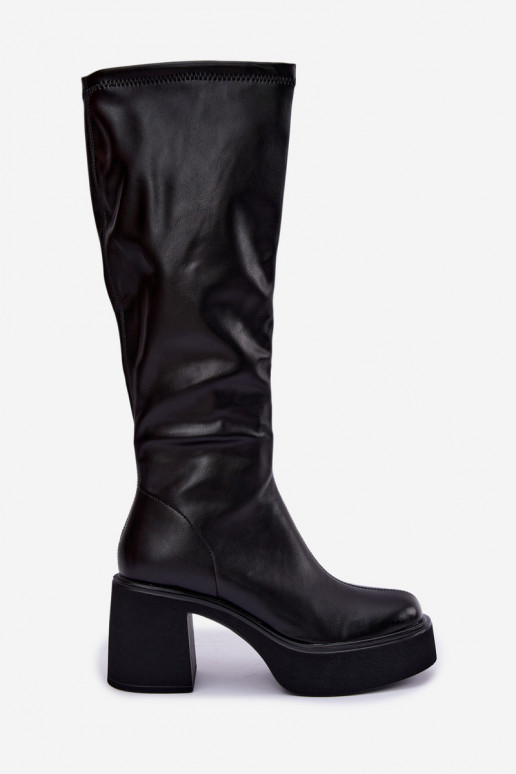 Bottes hautes pour femmes avec plateforme et talons en cuir synthétique noir Nesalie