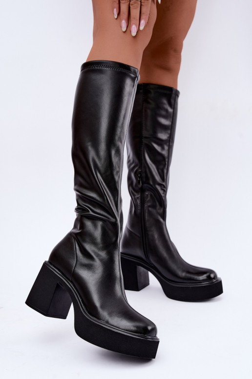 Bottes hautes pour femmes avec plateforme et talons en cuir synthétique noir Nesalie