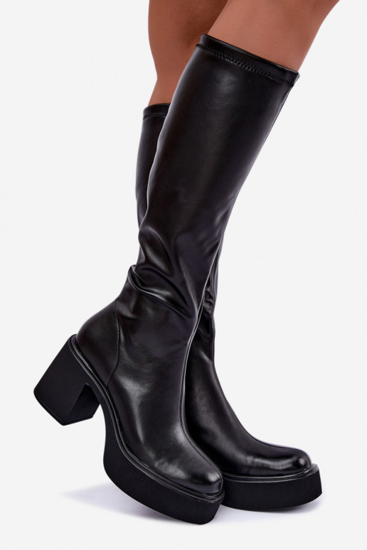 Bottes hautes pour femmes avec plateforme et talons en cuir synthétique noir Nesalie