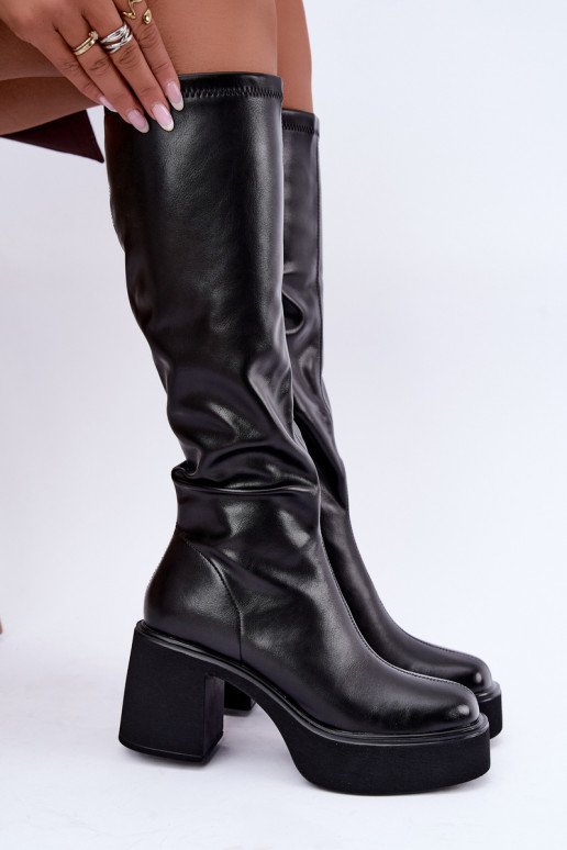 Bottes hautes pour femmes avec plateforme et talons en cuir synthétique noir Nesalie