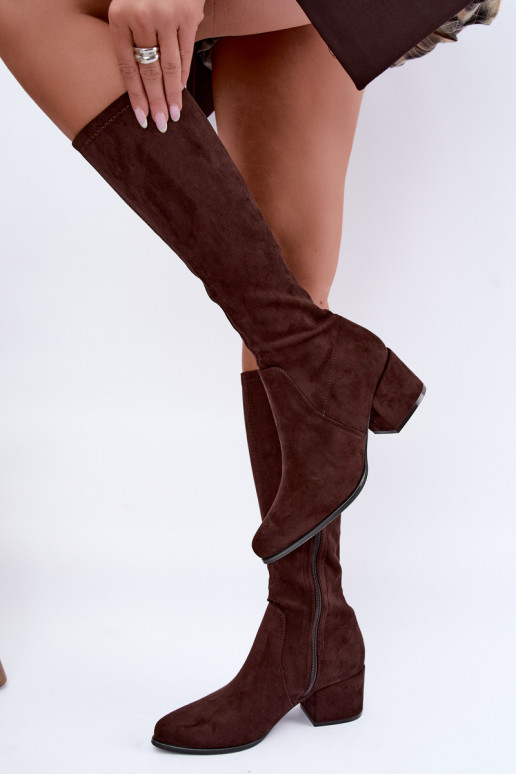 Bottes hautes pour femmes à petits talons en daim synthétique couleur chocolat Sergio Leone KZ212