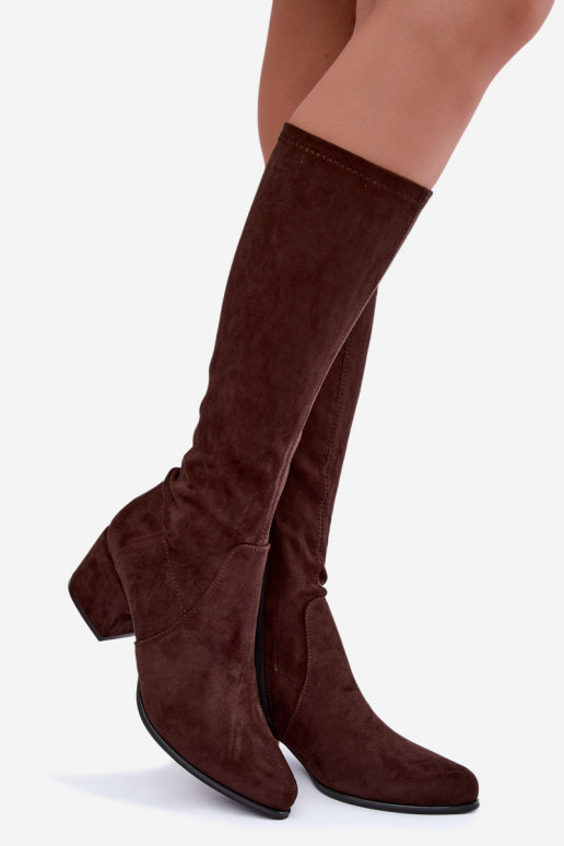 Bottes hautes pour femmes à petits talons en daim synthétique couleur chocolat Sergio Leone KZ212