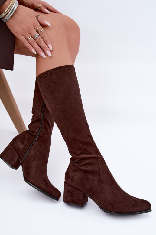 Bottes hautes pour femmes à petits talons en daim synthétique couleur chocolat Sergio Leone KZ212