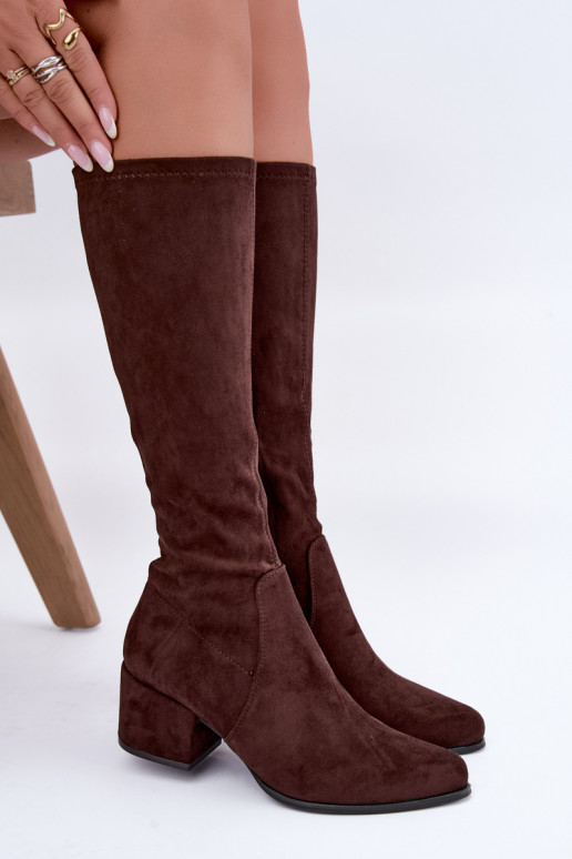 Bottes hautes pour femmes à petits talons en daim synthétique couleur chocolat Sergio Leone KZ212