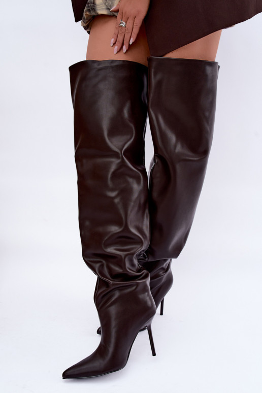 bottes hautes pour femmes avec talons fins au-dessus du genou en couleur chocolat Aderelle