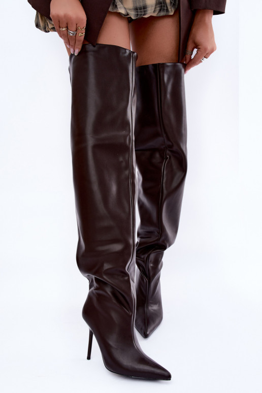 bottes hautes pour femmes avec talons fins au-dessus du genou en couleur chocolat Aderelle