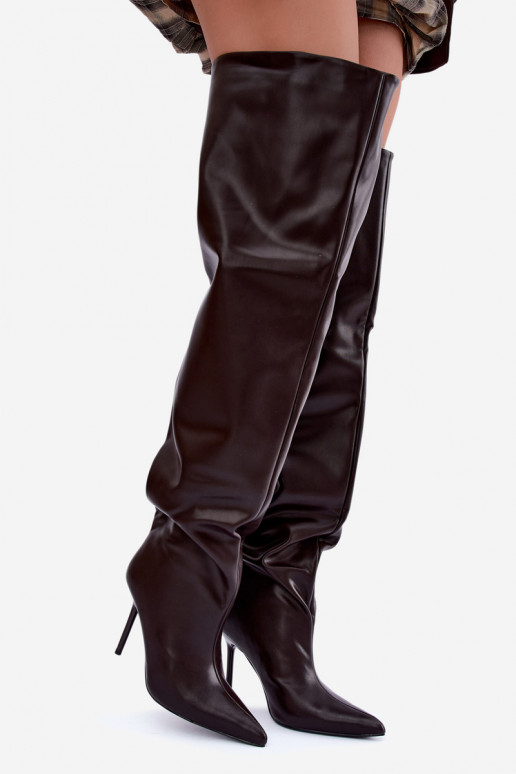 bottes hautes pour femmes avec talons fins au-dessus du genou en couleur chocolat Aderelle