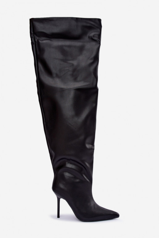 bottes hautes pour femmes avec talons fins au-dessus du genou en couleur noire Aderelle