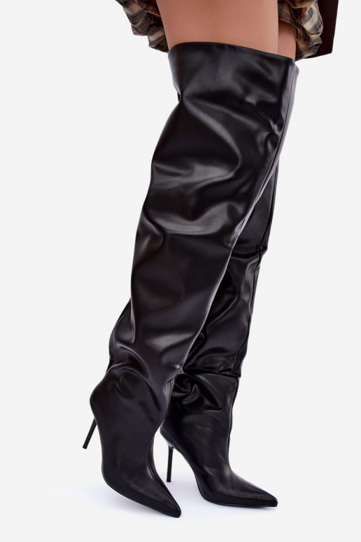 bottes hautes pour femmes avec talons fins au-dessus du genou en couleur noire Aderelle