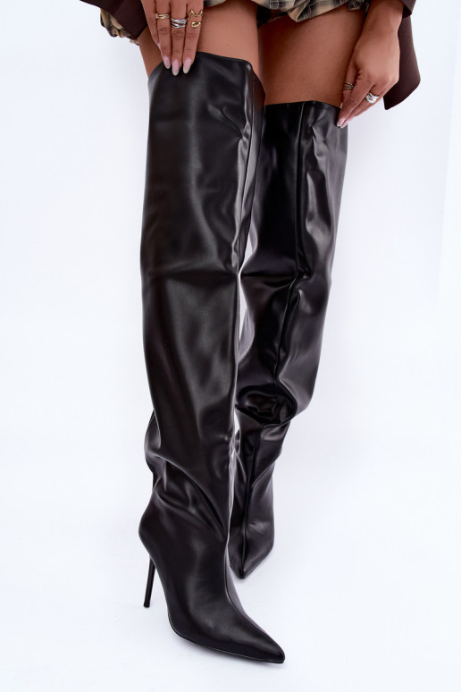 bottes hautes pour femmes avec talons fins au-dessus du genou en couleur noire Aderelle