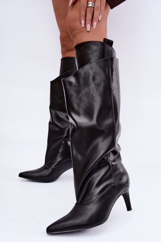 bottes montantes chaudes avec volants et talons fins en couleur noire Emerine