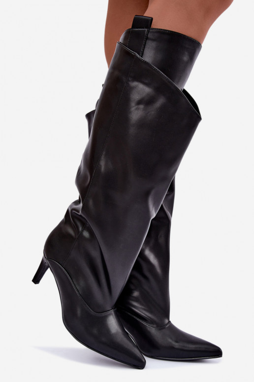 bottes montantes chaudes avec volants et talons fins en couleur noire Emerine