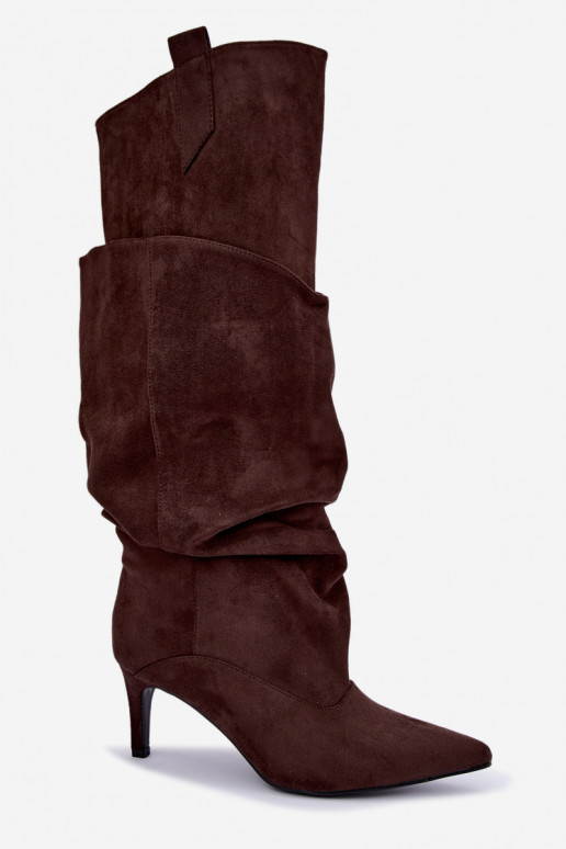 bottes montantes chaudes avec volants et talons fins en couleur chocolat Emerine