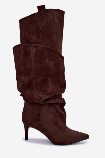 bottes montantes chaudes avec volants et talons fins en couleur chocolat Emerine 2