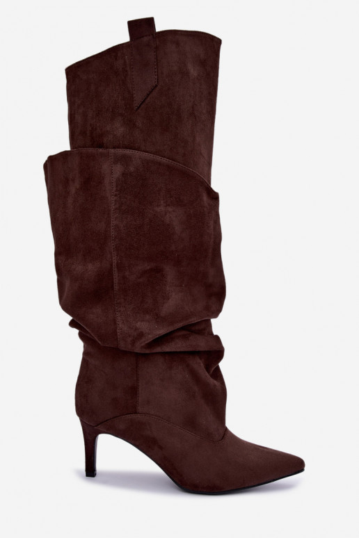 bottes montantes chaudes avec volants et talons fins en couleur chocolat Emerine