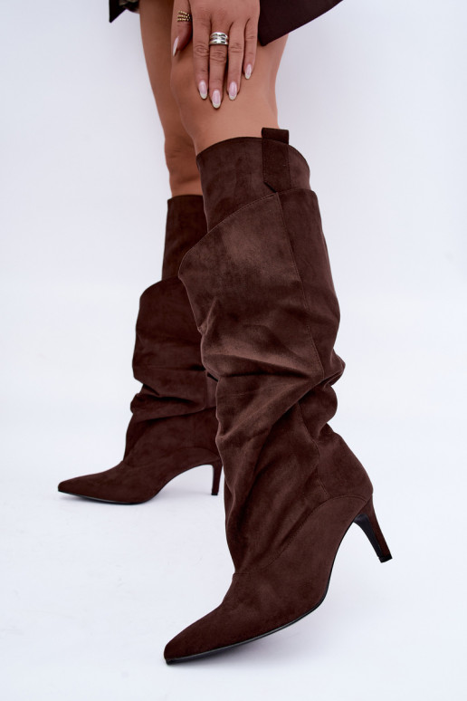 bottes montantes chaudes avec volants et talons fins en couleur chocolat Emerine