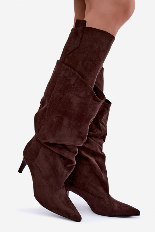 bottes montantes chaudes avec volants et talons fins en couleur chocolat Emerine