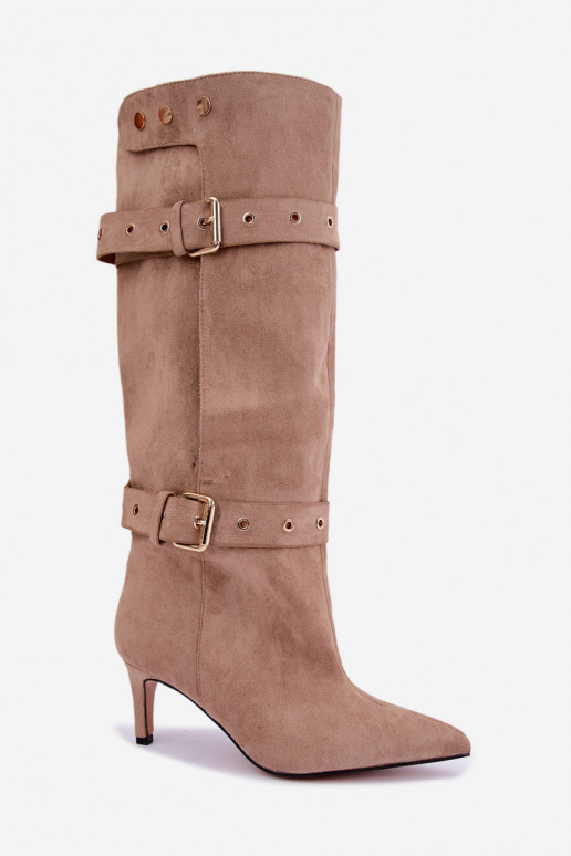 bottes hautes à enfiler avec talons fins, sangles et boucles en couleur sable Isabeau