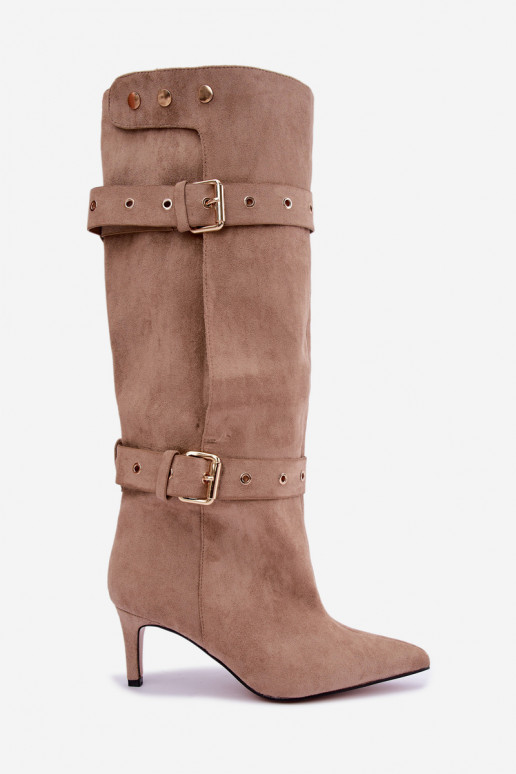 bottes hautes à enfiler avec talons fins, sangles et boucles en couleur sable Isabeau