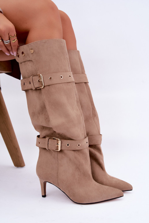 bottes hautes à enfiler avec talons fins, sangles et boucles en couleur sable Isabeau