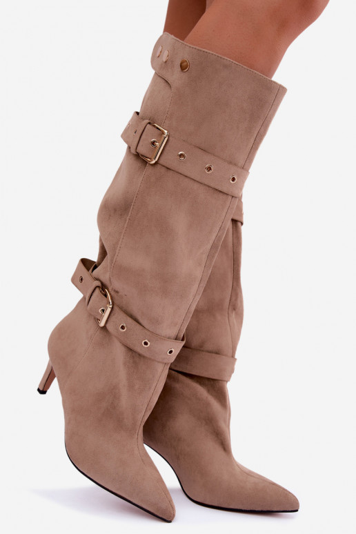 bottes hautes à enfiler avec talons fins, sangles et boucles en couleur sable Isabeau