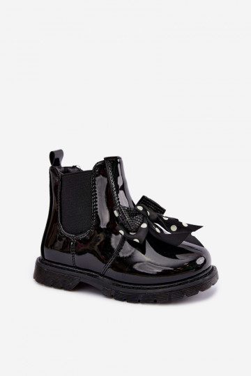 Bottines pour enfants doublées avec effet verni, avec des rubans, noires Keralyn