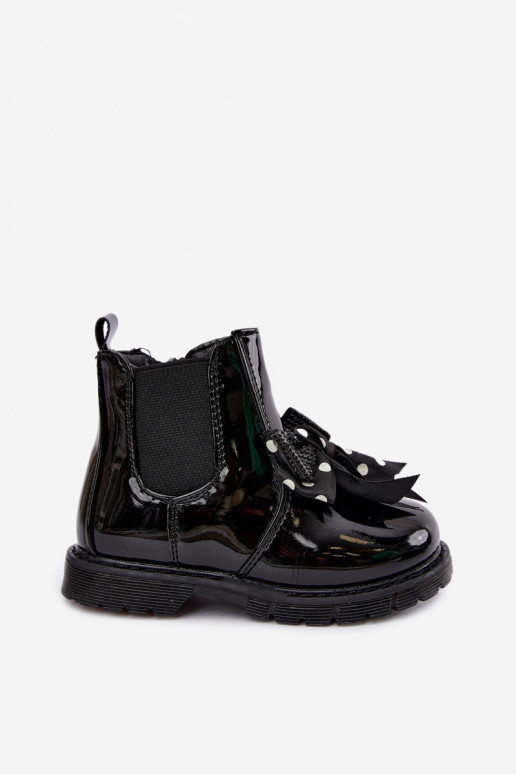 Bottines pour enfants doublées avec effet verni, avec des rubans, noires Keralyn