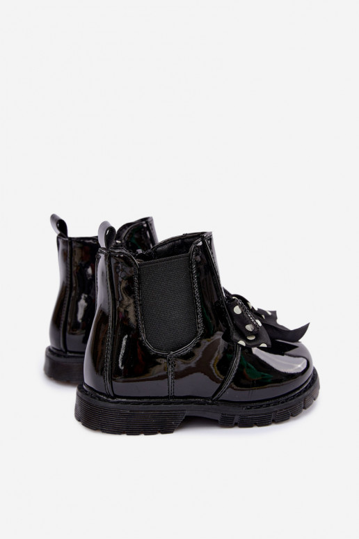 Bottines pour enfants doublées avec effet verni, avec des rubans, noires Keralyn