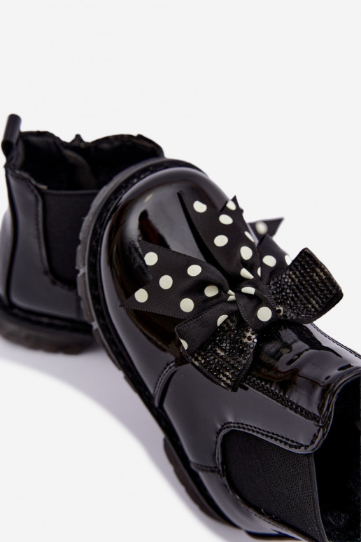 Bottines pour enfants doublées avec effet verni, avec des rubans, noires Keralyn