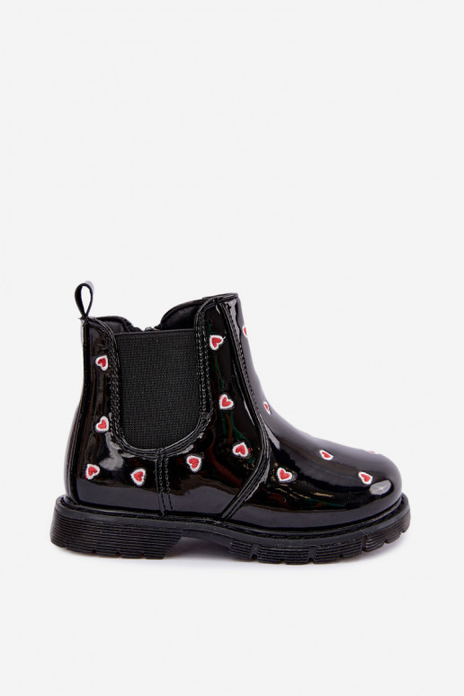Bottines pour enfants doublées avec effet verni, avec des cœurs, noires Keralyn