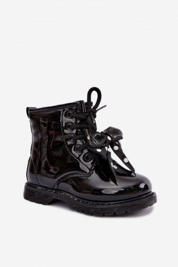 Bottines pour enfants doublées avec effet verni, avec des rubans, noires Corselle